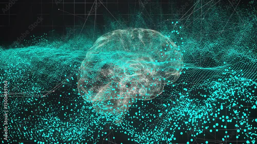 Poster streaming cyan data band starting wireframe brain floating, forming network visualizing neural data