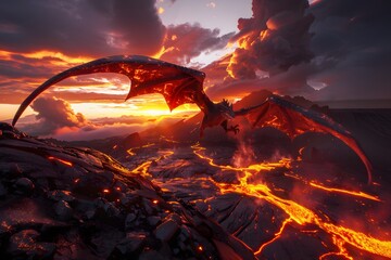 Lava Dragon Soaring Over an Erupting Volcano
