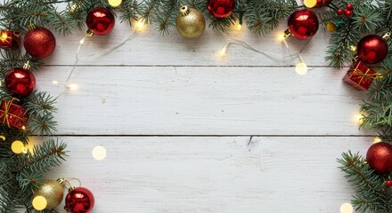 Festive Christmas Background with Red and Gold Decorations on White Wooden Surface