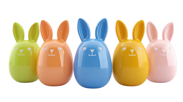 Colorful decorative rabbit figurines for holidays.