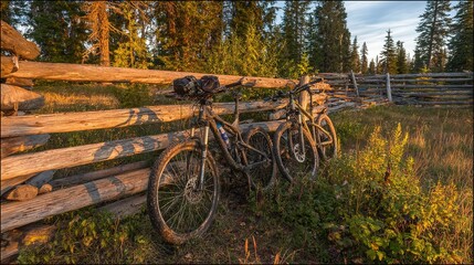 Two mountain bikes resting by a wooden fence, embracing the spirit of outdoor adventure.