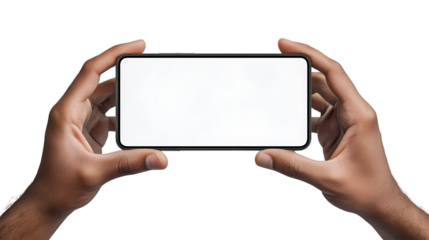 Front closeup of male hands holding smart phones with white empty screen, showing using devices, person sharing media transfer data files, touching monitor, free copy space. Ai Generated Images