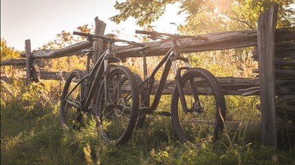 Two mountain bikes resting by a wooden fence, embracing the spirit of outdoor adventure.