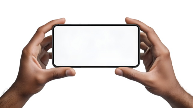 Front closeup of male hands holding smart phones with white empty screen, showing using devices, person sharing media transfer data files, touching monitor, free copy space. Ai Generated Images - Powered by Adobe