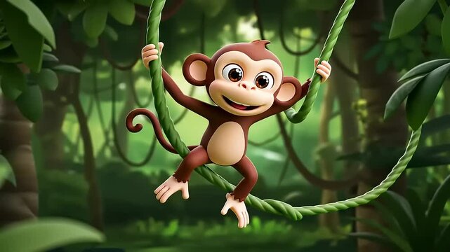 Playful cartoon monkey swinging joyfully on a vine in a lush jungle environment