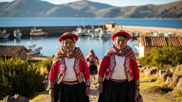 Quechua Women in Traditional Dress Walking Along Path to Isla Taquile Harbor with Lake Titicaca View, Peru