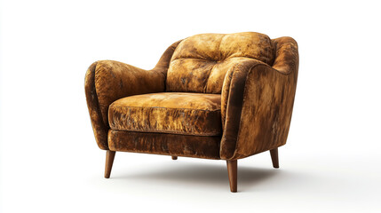 Vintage worn armchair with distressed fabric, isolated on a clean white background
