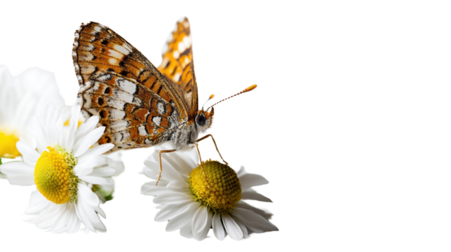 Butterfly perched on blooming daisies.