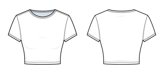 Women’s Cropped Lounge T-Shirt Technical Fashion Illustration. Short Sleeve Crew Neck Tee Vector Template. Front and Back View. Minimalist Loungewear. CAD Mockup.