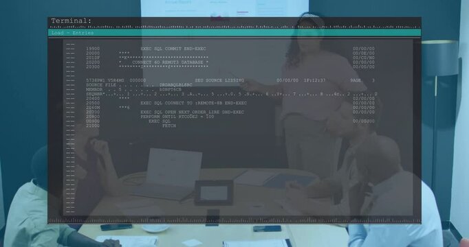 Tech presenter pointing chart opening transparent overlay scrolling SQL code reviewing database