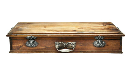 Vintage wooden box with ornate metal handles.