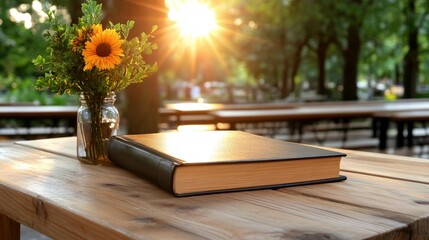 A book rests on a wooden table outdoors, bathed in golden sunlight, with wildflowers in a vase nearby.  Park setting