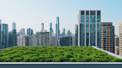 Fototapeta premium Lush rooftop garden provides sustainable solution, showcasing urban conservation amidst chicago skyscrapers under clear blue sky