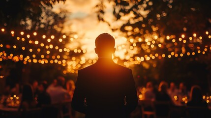 Warm ambiance of a backyard dinner party with string light decorations and a man giving a speech to friends, ideal for social and event themes