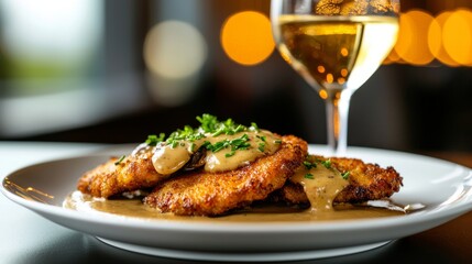 Close up of Chicken Parmesan dish with creamy sauce, garnished with parsley, served with a glass of white wine. Restaurant food photography.