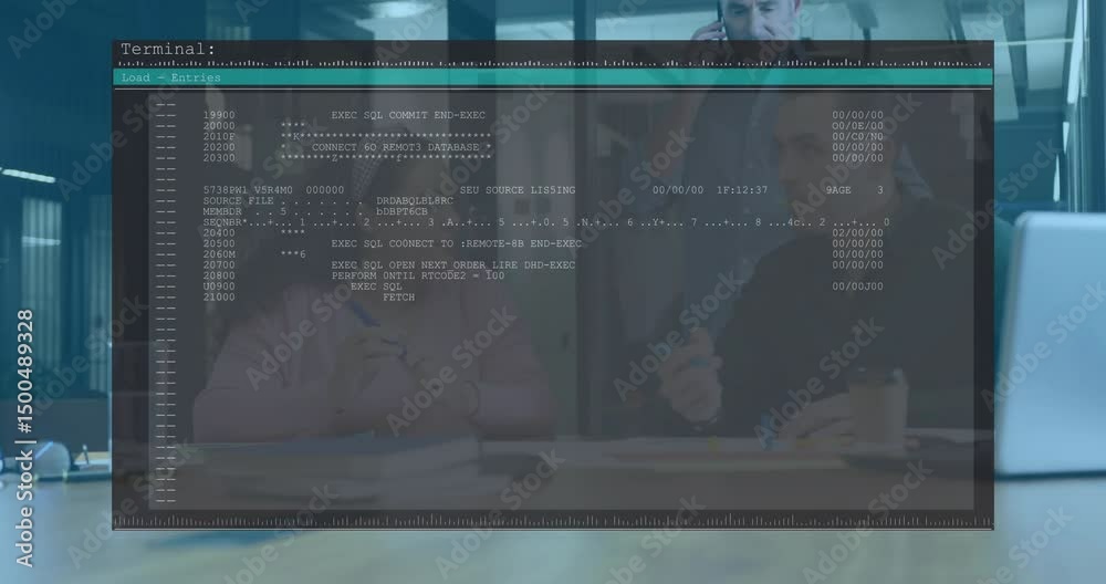 Poster woman gesturing initiating scrolling sql code overlay while colleagues reviewing order processing