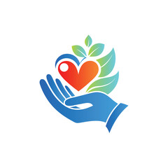 Hands with heart and leaf vector logo template. Charity and donation logotype.
Heart with hands and family vector logo. Health care and medical icon.