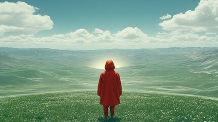 Fototapeta premium Red Clothed Figure Gazing at Vast Pixelated Green Field Under Blue Sky
