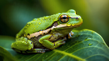 Naklejka premium Vibrant Green Tree Frog on Lush Leaf, Dew Drops, Close-Up Macro Photography