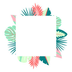 Fototapeta premium Bright tropical summer square frame for invitations, flyers or digital scrapbooking. Vector illustration