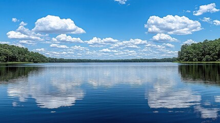 Scenic Lake Reflecting Blue Sky and Clouds Surrounded by Green Trees