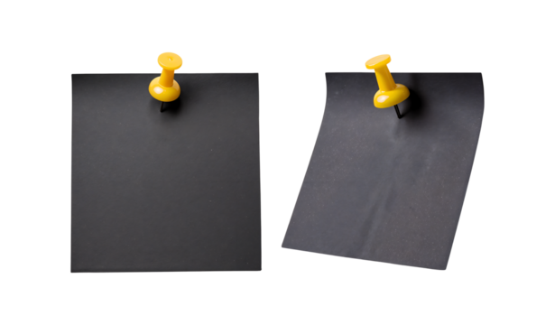 Black Sticky Note with Yellow Pushpin on Transparent Background