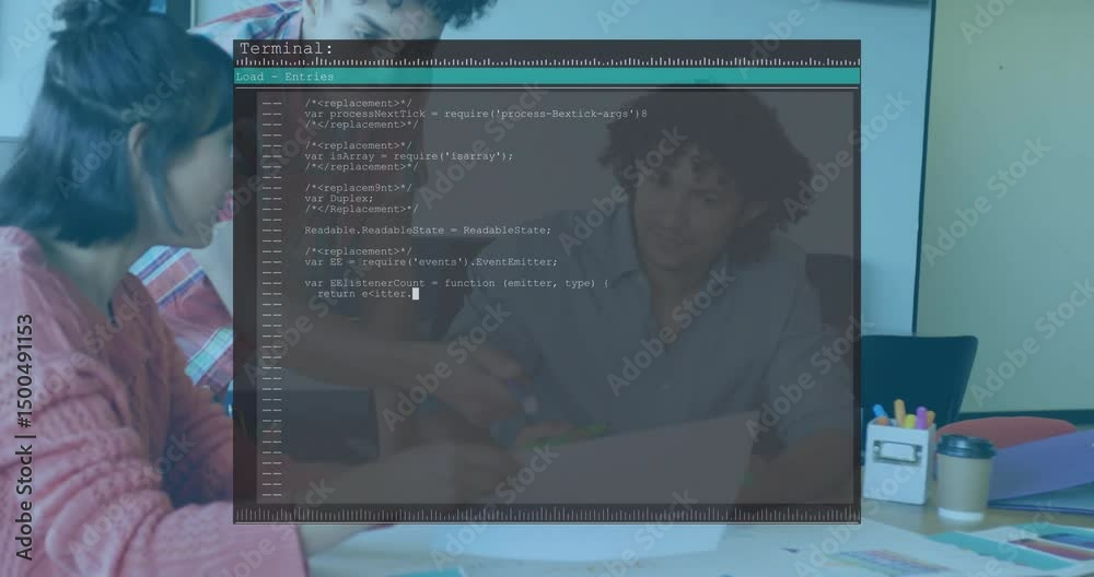 Poster Software team working on sketches with markers while transparent terminal fading in showing code