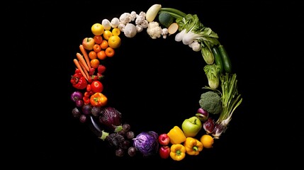 Circular arrangement of fresh produce, a vibrant display of nature's bounty