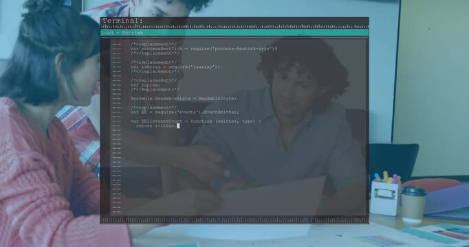 Software team working on sketches with markers while transparent terminal fading in showing code