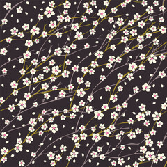 Sakura flower botanical background. Vector seamless pattern. Apple tree and apricot blossom decorative allover print. Fabric and surface pattern design with cherry blossom.