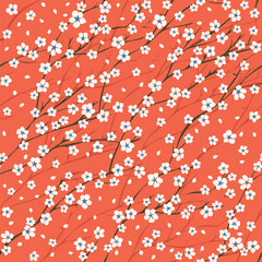 Sakura flower botanical background. Vector seamless pattern. Apple tree and apricot blossom decorative allover print. Fabric and surface pattern design with cherry blossom.