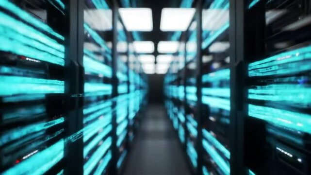 A server room with rows of racks and blue lights showing data processing and information storage - Powered by Adobe