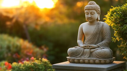 Serene Buddha Statue Bathed in Golden Sunlight Amidst Lush Greenery