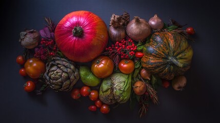 Circular arrangement of fresh produce, a vibrant display of nature's bounty