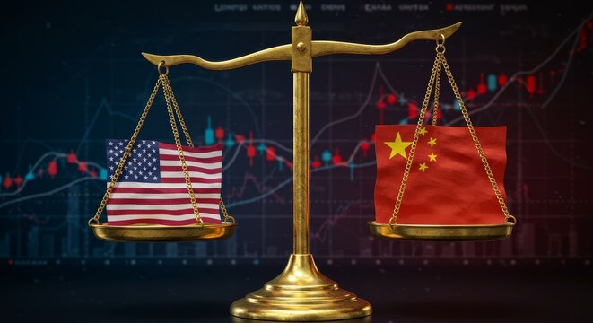 Illustration Of A Golden Balance Scale With American And Chinese Flags On A Dark Background - Powered by Adobe