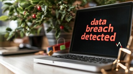 A laptop screen displays the message data breach detected against a dark background.  Surrounding the laptop are decorative items and a plant