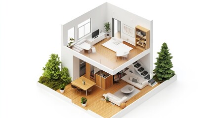 Modern Two Story House Interior Design Plan Wooden Floor 3d home room tree sofa cozy airy view decor