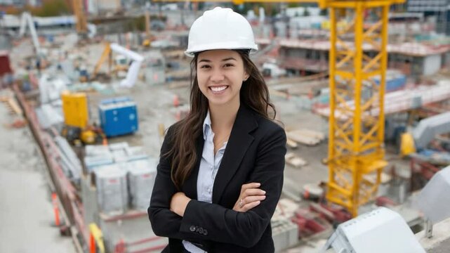 Architectural Dreams: A poised female architect radiates confidence as she oversees a bustling construction site. The image encapsulates her expertise and the ongoing project's dynamic nature. 