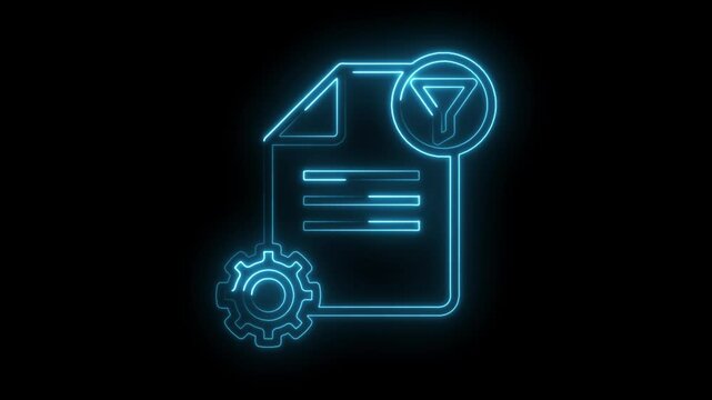 Neon data processing workflow animation featuring document filter and gear on black background
