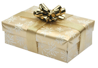 Gold gift box with snowflake design and gold bow isolated on a white background, On Transparent Background, Png