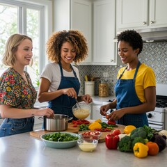 Joyful Friends Cooking Vegetables Together in Bright Kitchen a Photo