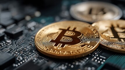 Bitcoin Cryptocurrency on Circuit Board