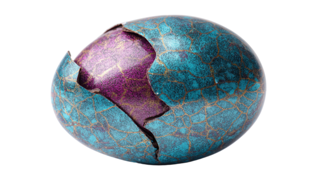 A cracked colorful egg with stunning patterns.