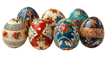 Colorful decorative eggs with intricate designs.