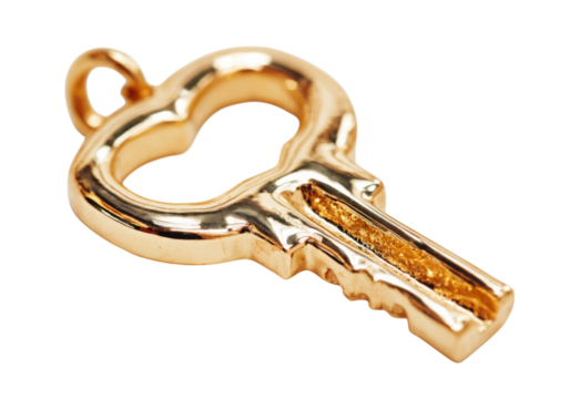 Golden heart shaped key charm isolated on a white background, On Transparent Background, Png