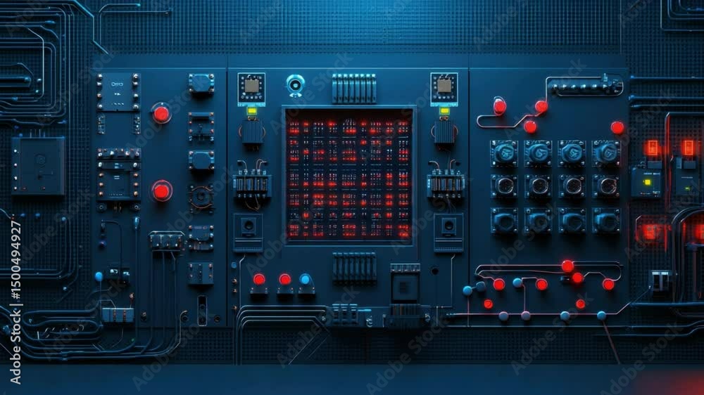 Sticker futuristic control panel with complex circuitry and bright led indicators for technology and innovat