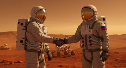 Astronauts from different countries shake hands on the Mars planet