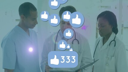 Medical professionals reviewing clipboard with floating thumbs-up icons incrementing counter to 763