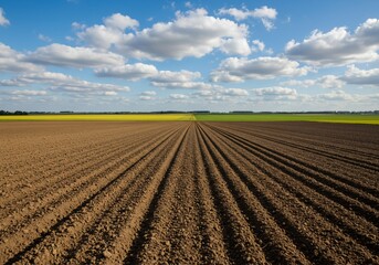 Farmland soil prepared for cultivation with blue sky and clouds in background