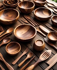 Beautiful handcrafted wooden kitchenware including bowls, plates, spoons, and utensils displayed on a dark wood table, showcasing elegant grain patterns and natural aesthetics

